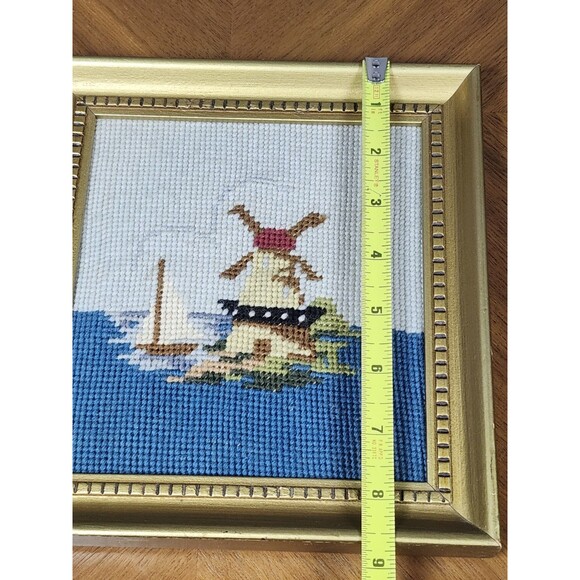 Vintage Framed Needlepoint Windmill & Sailboat Scene Signed 8' x 9' - Picture 7 of 11